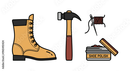 A set of shoe care tools including a boot hammer thread and shoe polish, Generative AI.