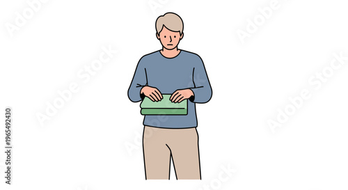 Young man folding laundry or fresh green towel, domestic household chore concept, flat vector illustration