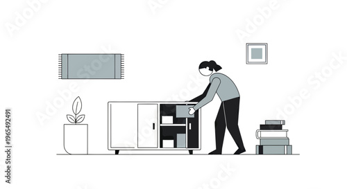 Woman Organizing and Decluttering a Cabinet in a Minimalist Living Room Interior Concept Illustration