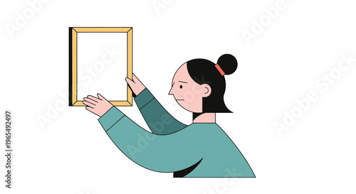 Young Woman Adjusting Blank Gold Picture Frame on Wall, Minimalist Vector Illustration Mockup