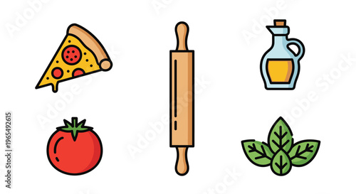 Colorful illustrations of pizza ingredients and cooking tools, Generative AI.