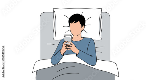 Young Man Lying in Bed and Using Smartphone, Vector Illustration of Digital Addiction, Social Media Scrolling, and Bedtime Routine