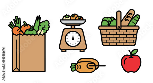 A colorful illustration of various grocery items including a paper bag with vegetables a kitchen scale with food a wicker basket with produce a carrot and an apple, Generative AI.