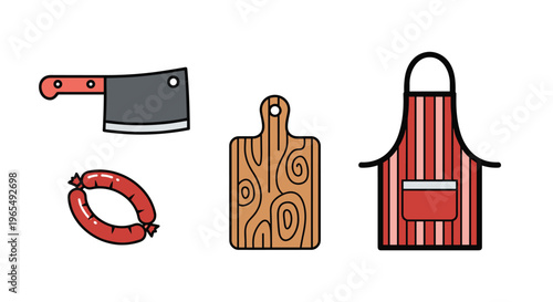 Cartoon kitchen utensils and food items including a cleaver sausage cutting board and apron, Generative AI.