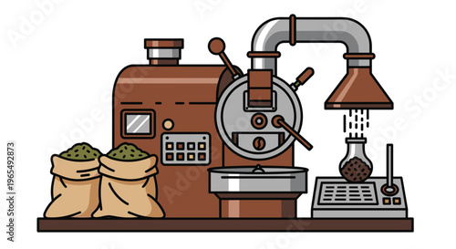 A cartoon illustration of a coffee roasting machine with bags of green coffee beans on a table in front of it, Generative AI.