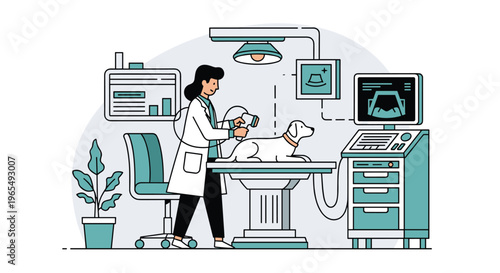 Veterinarian performing an ultrasound examination on a dog in a clinic with modern medical equipment, Generative AI.