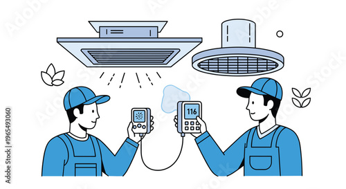 Two technicians in blue uniforms checking air conditioning units with digital devices in a maintenance setting with, Generative AI.