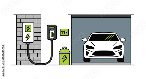 Electric vehicle charging station with a white car in a garage illustrating ecofriendly transportation and modern automotive technology, Generative AI.