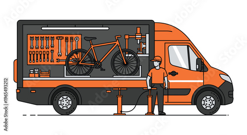 An illustration of a bicycle repairman standing next to a van with a bicycle and tools inside the back, Generative AI.
