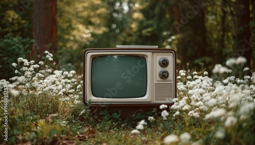 Vintage television set sits amidst lush forest flora, creating a juxtaposition of nature and technology