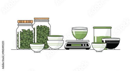 Vector illustration of kitchen utensils and jars with green ingredients on a for cooking or recipe design, Generative AI.