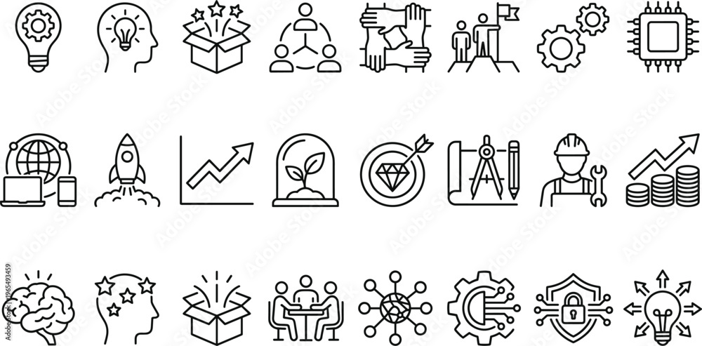 Fototapeta premium Innovation and Technology Line Icon Set with Startup Growth Strategy Teamwork Leadership Engineering Development and Creative Business Idea Symbols