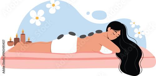Hot Stone Massage Spa Treatment with Relaxing Candles, Flowers, and Calm Atmosphere for Wellness and Stress Relief