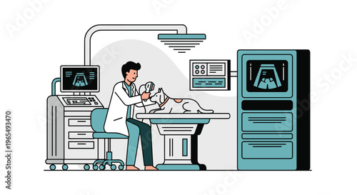 Veterinarian performing xray examination on a dog in a clinic with modern equipment, Generative AI.