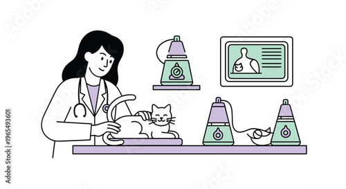 Veterinarian performing ultrasound examination on a cat in a clinic setting with medical equipment, Generative AI.
