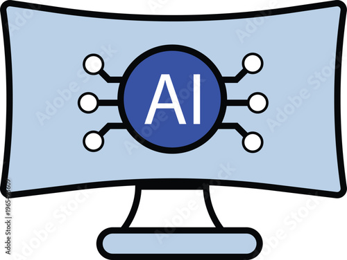 AI technology symbol on computer monitor screen, artificial intelligence concept, flat design vector illustration