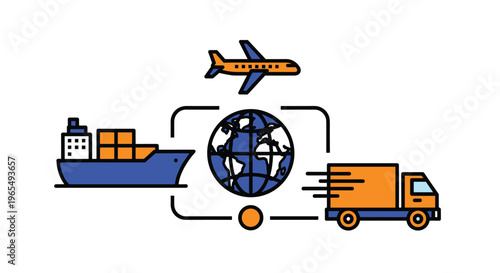 Vector illustration of global transportation modes including ship truck airplane and globe for logistics and shipping concepts, Generative AI.