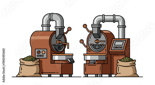 Two coffee roasting machines with bags of green coffee beans, Generative AI.