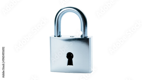 Isolated shiny metal padlock with shackle open and visible keyhole, symbolizing security