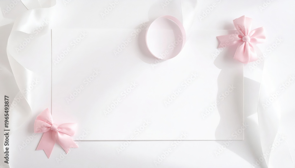 Obraz premium Minimal Pink Bow Corner Frame Background - Clean Elegant White Stationery Layout with Cute Ribbon Accent for Wedding Invites, Greeting Cards and Minimalist Feminine Design