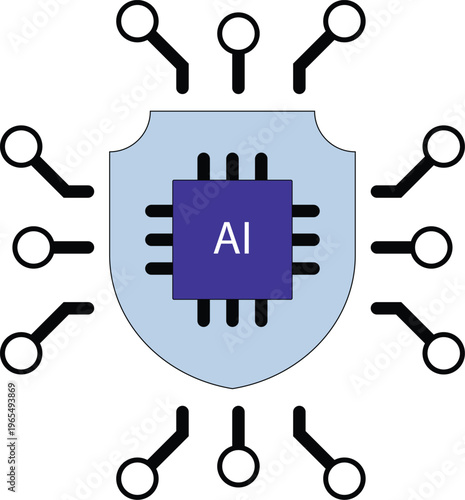 AI chip protected by shield with connected nodes, cybersecurity concept vector illustration