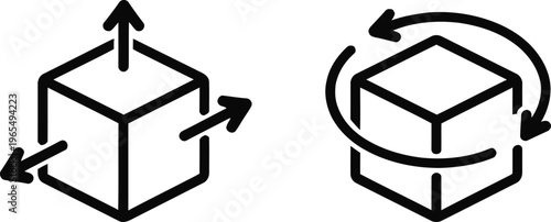 "3D Cube with Directional Arrows and Rotation Symbol Line Art Icon Set — Distribution, Logistics, Data Transfer and Object Rotation Design Concept Illustration"