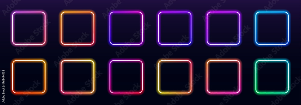 Fototapeta premium Collection of glowing neon square frames with multicolor LED gradients. Bright futuristic borders stand isolated on black background. Vector set.