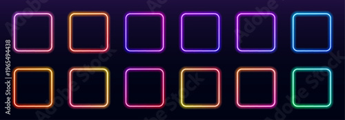 Collection of glowing neon square frames with multicolor LED gradients. Bright futuristic borders stand isolated on black background. Vector set.