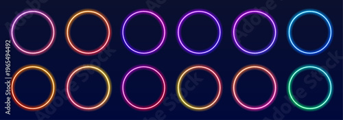 Glowing neon set ring with smooth cyan pink gradient and soft blur. Floating light particles enhance depth and futuristic digital circle design. PNG.
