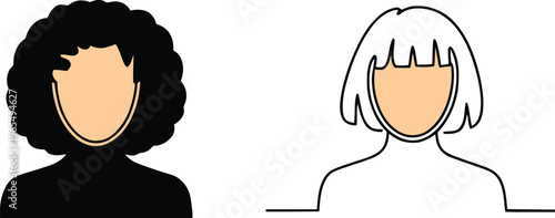 "Faceless Woman Avatar with Curly and Bob Hair Silhouette and Outline Icon Set — Profile, Identity, User and Diversity Design Collection Concept"