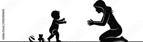 Mother and Baby Silhouette Illustration: Toddler Taking First Steps Toward Parent with Toys on White Background