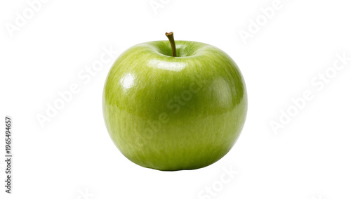 Isolated single fresh green Granny Smith apple with stem, vibrant and healthy food fruit