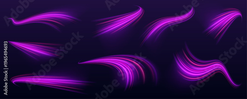 Purple glowing light set waves sweep across digital expressway system. Motion trails create fast cyber energy flow and depth. Clean PNG artwork.