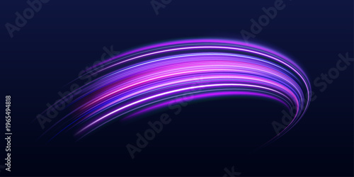 Neon purple waves sweep across futuristic night roadway. Light trails form smooth cyber motion energy flow. Vector  design.