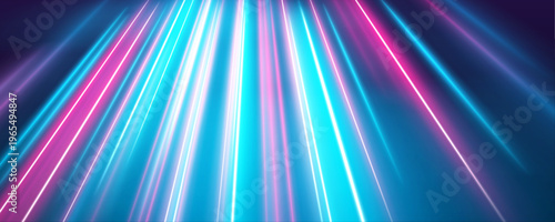 Blue glowing lines cut through dark urban highway system. Motion blur enhances depth and speed perception. Clean illustration.