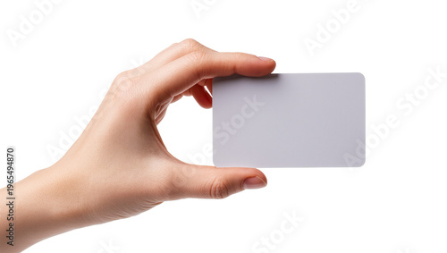 Isolated hand holding blank light grey credit card for custom text or brand logo presentation