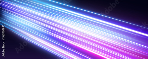 Cyan and pink light trails cross futuristic highway road. Glow effects enhance speed and energy dynamics. Clean illustration.