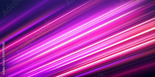 Pink light trails sweep through dark urban highway night. Motion blur forms dynamic cyber energy flow. Vector art.