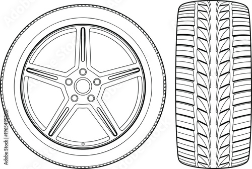 Car wheel vector illustration, detailed tire tread and alloy rim automotive design elements