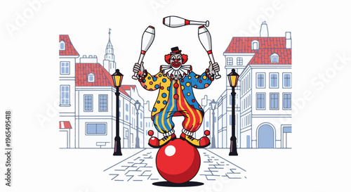 A colorful clown juggles clubs while balancing on a red ball in a quaint town