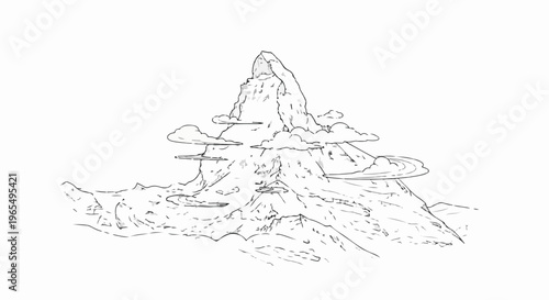 A dramatic, jagged mountain peak pierces the clouds in a hand-drawn sketch