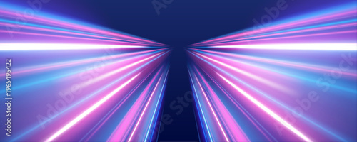 Neon cyan and purple waves move across digital highway with smooth flow. Light trails form futuristic transport energy and motion design. 