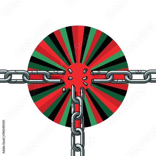 A broken chain passes through a red, green, and black circular Juneteenth symbol on a white background, representing freedom and celebration.