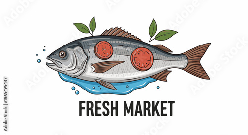 A fresh fish with tomato slices and leaves rests on blue water