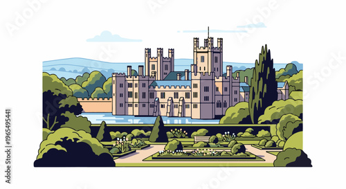 A grand fortress sits beside a tranquil moat, surrounded by lush gardens