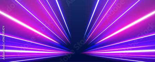 Blue and pink light waves flow through futuristic highway. Glowing trails create smooth digital motion and energy depth. Vector art.
