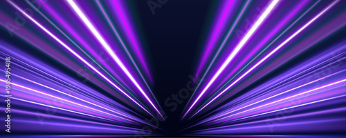 Purple neon lines rush across dark urban expressway system. Motion blur enhances speed and minimal futuristic energy style. 
