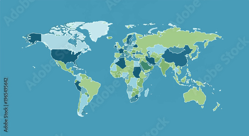 A stylized world map with countries colored in various shades of green and blue