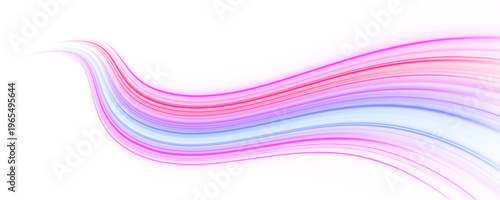 Blue and pink glowing waves flow smoothly across futuristic highway system. Motion blur creates calm yet fast digital energy atmosphere. PNG illustration.