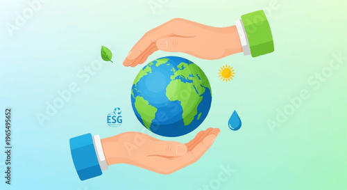 Hands cradling earth globe with eco friendly symbols around representing environmental care and sustainability